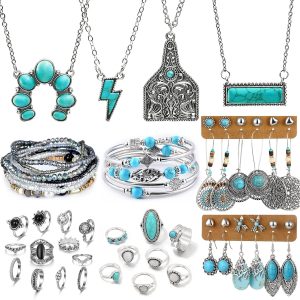IFKM Bohemian Jewelry Set With Turquoise Necklace, Dangle Earrings, Stackable Bangle Bracelets, Knuckle Rings For Women Vintage Western Boho Turquoise Anniversary Birthday Friendship Gift
