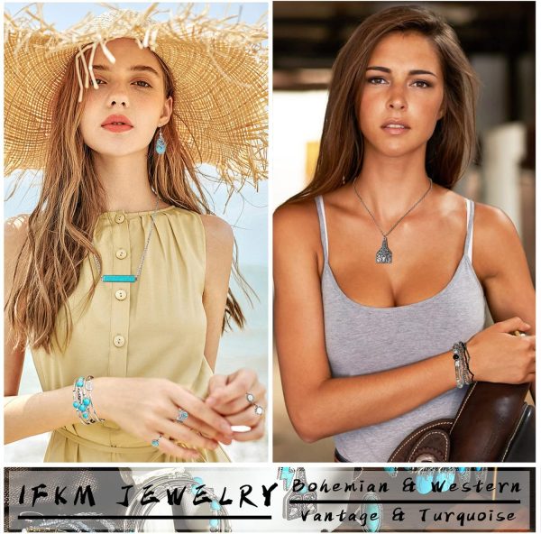 IFKM Bohemian Jewelry Set With Turquoise Necklace, Dangle Earrings, Stackable Bangle Bracelets, Knuckle Rings For Women Vintage Western Boho Turquoise Anniversary Birthday Friendship Gift - Image 2