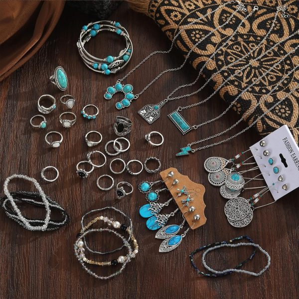 IFKM Bohemian Jewelry Set With Turquoise Necklace, Dangle Earrings, Stackable Bangle Bracelets, Knuckle Rings For Women Vintage Western Boho Turquoise Anniversary Birthday Friendship Gift - Image 3