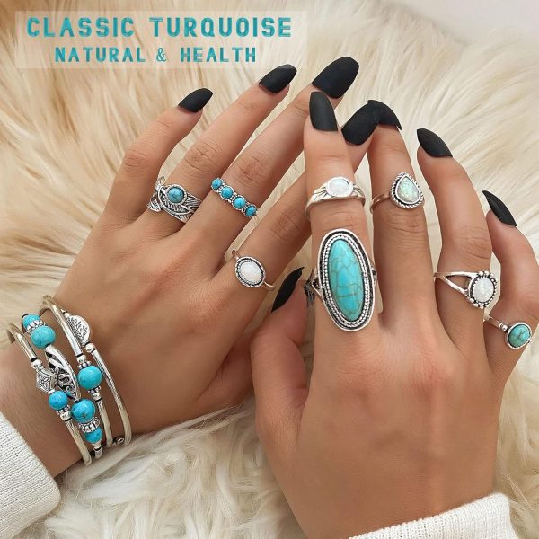IFKM Bohemian Jewelry Set With Turquoise Necklace, Dangle Earrings, Stackable Bangle Bracelets, Knuckle Rings For Women Vintage Western Boho Turquoise Anniversary Birthday Friendship Gift - Image 4