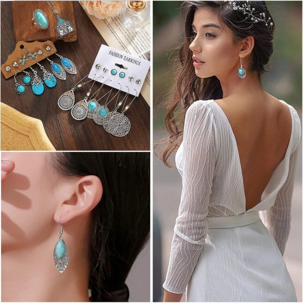 IFKM Bohemian Jewelry Set With Turquoise Necklace, Dangle Earrings, Stackable Bangle Bracelets, Knuckle Rings For Women Vintage Western Boho Turquoise Anniversary Birthday Friendship Gift - Image 6