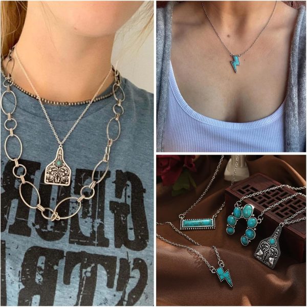 IFKM Bohemian Jewelry Set With Turquoise Necklace, Dangle Earrings, Stackable Bangle Bracelets, Knuckle Rings For Women Vintage Western Boho Turquoise Anniversary Birthday Friendship Gift - Image 7