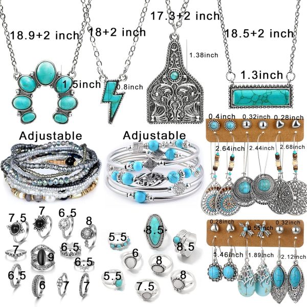 IFKM Bohemian Jewelry Set With Turquoise Necklace, Dangle Earrings, Stackable Bangle Bracelets, Knuckle Rings For Women Vintage Western Boho Turquoise Anniversary Birthday Friendship Gift - Image 8