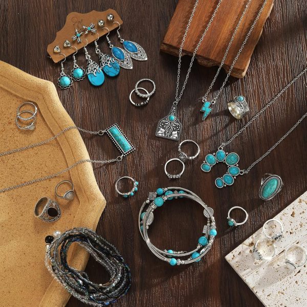 IFKM Bohemian Jewelry Set With Turquoise Necklace, Dangle Earrings, Stackable Bangle Bracelets, Knuckle Rings For Women Vintage Western Boho Turquoise Anniversary Birthday Friendship Gift - Image 9