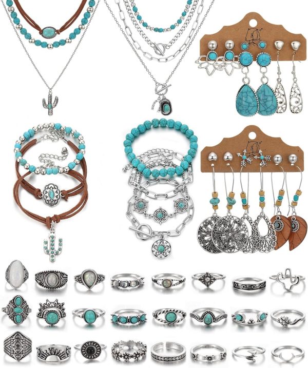 IFKM Bohemian Jewelry Set With Turquoise Necklace, Dangle Earrings, Stackable Bangle Bracelets, Knuckle Rings For Women Vintage Western Boho Turquoise Anniversary Birthday Friendship Gift - Image 10