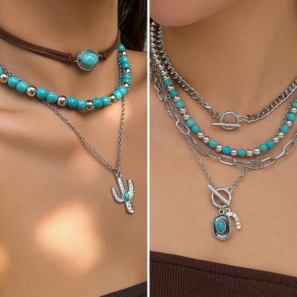 IFKM Bohemian Jewelry Set With Turquoise Necklace, Dangle Earrings, Stackable Bangle Bracelets, Knuckle Rings For Women Vintage Western Boho Turquoise Anniversary Birthday Friendship Gift - Image 11