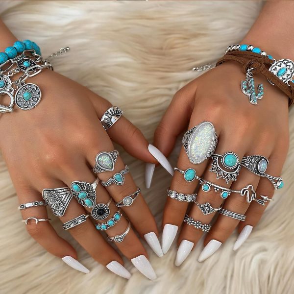 IFKM Bohemian Jewelry Set With Turquoise Necklace, Dangle Earrings, Stackable Bangle Bracelets, Knuckle Rings For Women Vintage Western Boho Turquoise Anniversary Birthday Friendship Gift - Image 12