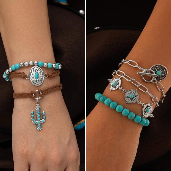 IFKM Bohemian Jewelry Set With Turquoise Necklace, Dangle Earrings, Stackable Bangle Bracelets, Knuckle Rings For Women Vintage Western Boho Turquoise Anniversary Birthday Friendship Gift - Image 13