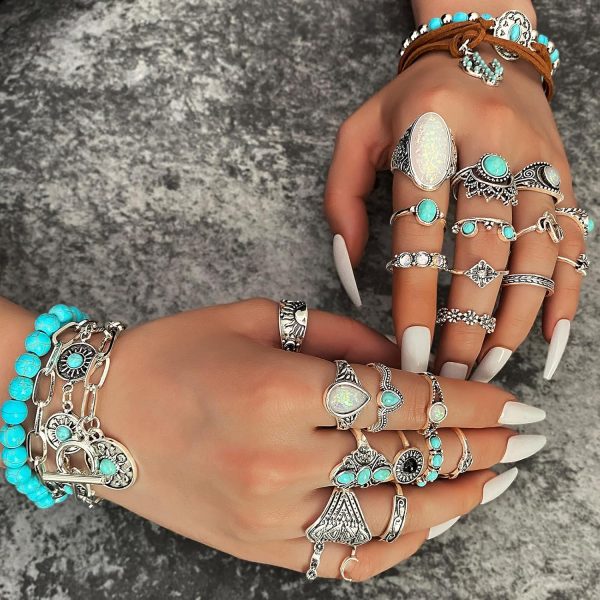 IFKM Bohemian Jewelry Set With Turquoise Necklace, Dangle Earrings, Stackable Bangle Bracelets, Knuckle Rings For Women Vintage Western Boho Turquoise Anniversary Birthday Friendship Gift - Image 14