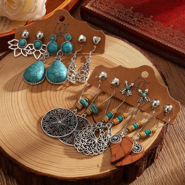 IFKM Bohemian Jewelry Set With Turquoise Necklace, Dangle Earrings, Stackable Bangle Bracelets, Knuckle Rings For Women Vintage Western Boho Turquoise Anniversary Birthday Friendship Gift - Image 15
