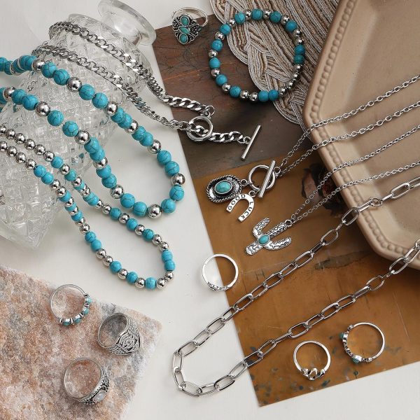 IFKM Bohemian Jewelry Set With Turquoise Necklace, Dangle Earrings, Stackable Bangle Bracelets, Knuckle Rings For Women Vintage Western Boho Turquoise Anniversary Birthday Friendship Gift - Image 16