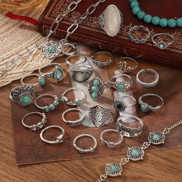 IFKM Bohemian Jewelry Set With Turquoise Necklace, Dangle Earrings, Stackable Bangle Bracelets, Knuckle Rings For Women Vintage Western Boho Turquoise Anniversary Birthday Friendship Gift - Image 17