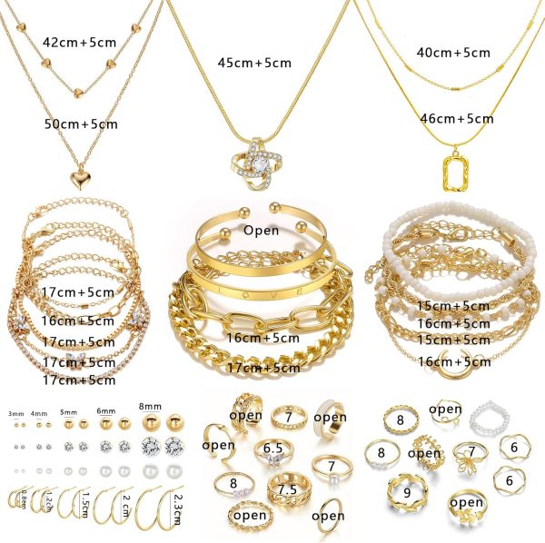 IFKM 36 PC Gold Plated Jewelry Set with 4 Necklace, 11 Bracelet, 7 Ear Cuffs Earring, 14 Knuckle Rings for Women Girls Valentine Anniversary Birthday Friendship Gift - Image 7