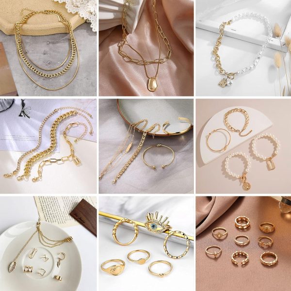 IFKM 36 PC Gold Plated Jewelry Set with 4 Necklace, 11 Bracelet, 7 Ear Cuffs Earring, 14 Knuckle Rings for Women Girls Valentine Anniversary Birthday Friendship Gift - Image 10