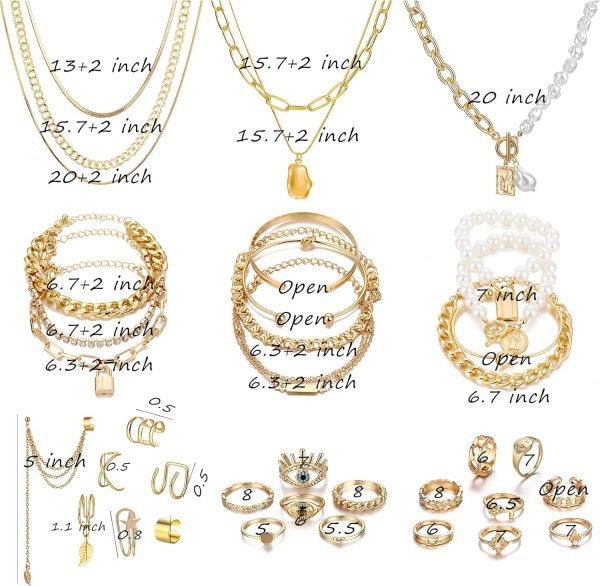 IFKM 36 PC Gold Plated Jewelry Set with 4 Necklace, 11 Bracelet, 7 Ear Cuffs Earring, 14 Knuckle Rings for Women Girls Valentine Anniversary Birthday Friendship Gift - Image 15