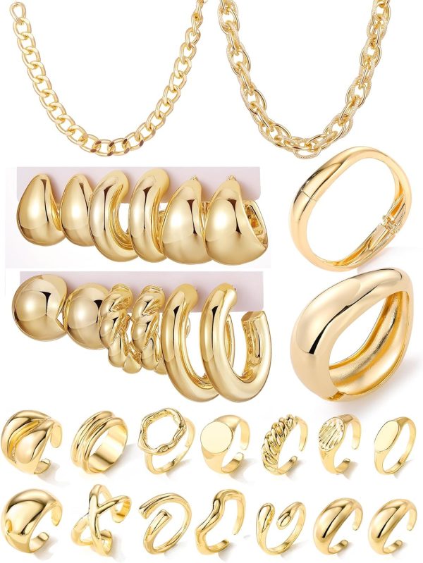 IFKM 36 PC Gold Plated Jewelry Set with 4 Necklace, 11 Bracelet, 7 Ear Cuffs Earring, 14 Knuckle Rings for Women Girls Valentine Anniversary Birthday Friendship Gift - Image 16