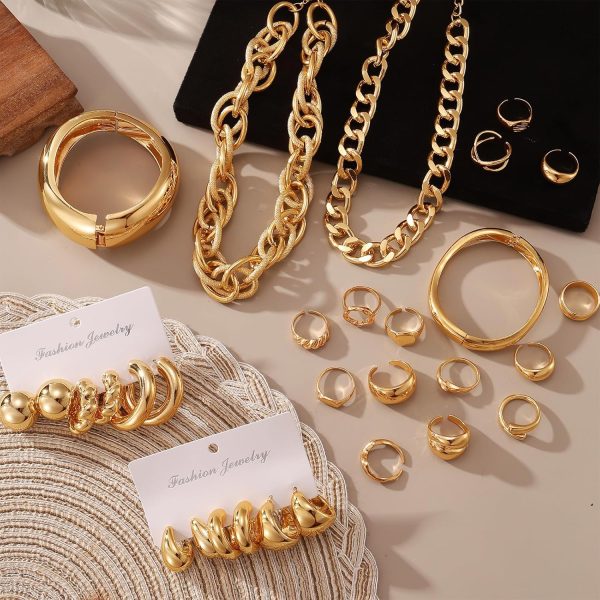 IFKM 36 PC Gold Plated Jewelry Set with 4 Necklace, 11 Bracelet, 7 Ear Cuffs Earring, 14 Knuckle Rings for Women Girls Valentine Anniversary Birthday Friendship Gift - Image 17