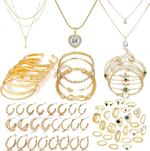 IFKM 36 PC Gold Plated Jewelry Set with 4 Necklace, 11 Bracelet, 7 Ear Cuffs Earring, 14 Knuckle Rings for Women Girls Valentine Anniversary Birthday Friendship Gift - Image 24