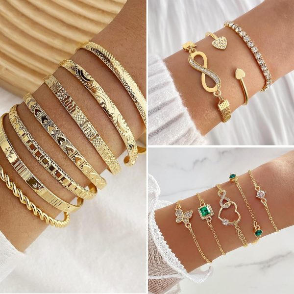 IFKM 36 PC Gold Plated Jewelry Set with 4 Necklace, 11 Bracelet, 7 Ear Cuffs Earring, 14 Knuckle Rings for Women Girls Valentine Anniversary Birthday Friendship Gift - Image 26