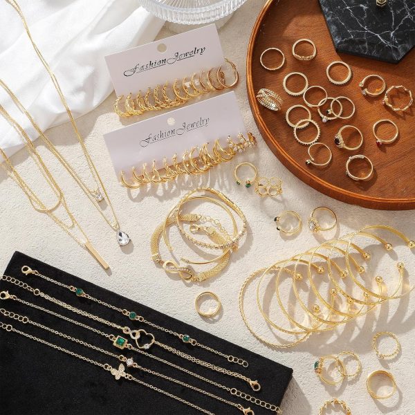 IFKM 36 PC Gold Plated Jewelry Set with 4 Necklace, 11 Bracelet, 7 Ear Cuffs Earring, 14 Knuckle Rings for Women Girls Valentine Anniversary Birthday Friendship Gift - Image 29