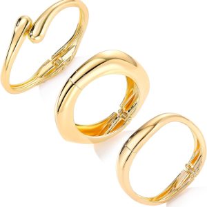 IFKM 3pcs Chunky Gold Bangle Bracelet For Women 14k Gold Plated Trendy Wide Hinged Cuff Open Bracelet Dainty Minimalist Jewelry Gifts