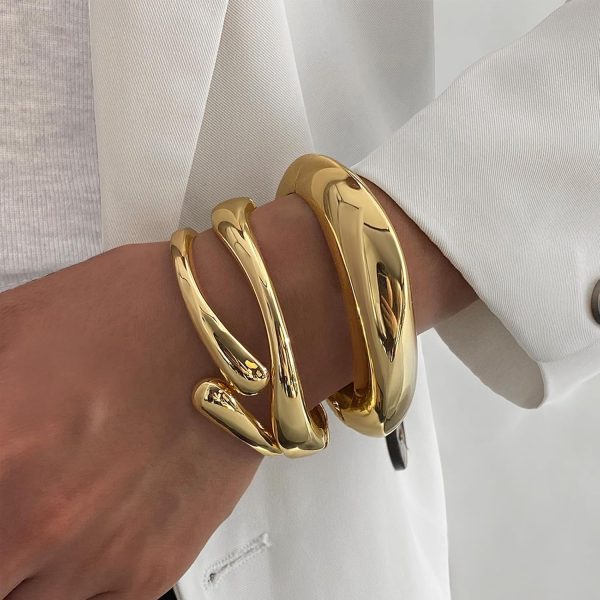 IFKM 3pcs Chunky Gold Bangle Bracelet For Women 14k Gold Plated Trendy Wide Hinged Cuff Open Bracelet Dainty Minimalist Jewelry Gifts - Image 2