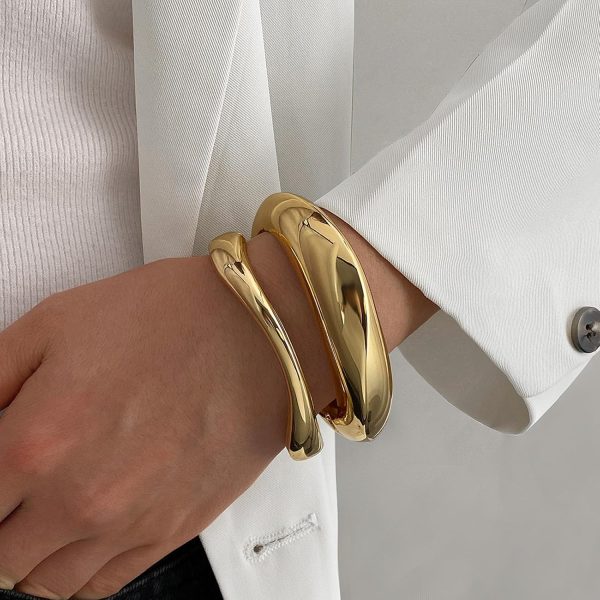 IFKM 3pcs Chunky Gold Bangle Bracelet For Women 14k Gold Plated Trendy Wide Hinged Cuff Open Bracelet Dainty Minimalist Jewelry Gifts - Image 8