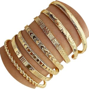 IFKM Gold Bangle Bracelets For Women, 14k Gold Plated Multi Layer Stackable Cuff Bracelet Set, Trendy Elegance Charms Non Tarnish Minimalist Textured Boho Jewelry Gift for Women