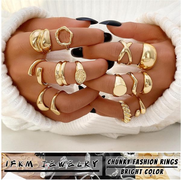 IFKM Gold Chunky Rings Set for Women 14k Gold Plated Thick Dome Stackable Open Rings Trendy Dainty Minimalist Jewelry Gifts - Image 26