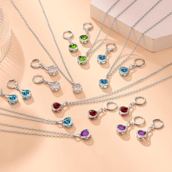 IFKM Genuine Birthstone Jewelry Set For Women Silver Plated Cz Choker Infinity Necklace Teardrop Dangle Earrings For Birthday Gifts Bridal Bridesmaid Accessories Wedding Prom Anniversary Jewelry - Image 3