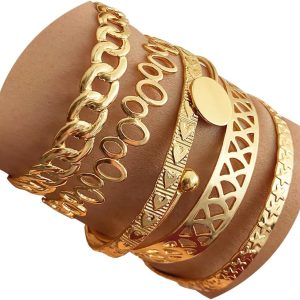 IFKM Gold Bangle Bracelets For Women, 14k Gold Plated Multi Layer Stackable Cuff Bracelet Set, Trendy Elegance Charms Non Tarnish Minimalist Textured Boho Jewelry Gift for Women