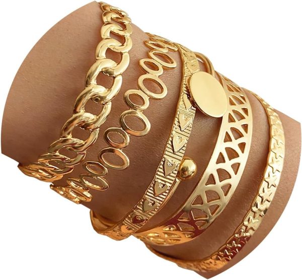 IFKM Gold Bangle Bracelets For Women, 14k Gold Plated Multi Layer Stackable Cuff Bracelet Set, Trendy Elegance Charms Non Tarnish Minimalist Textured Boho Jewelry Gift for Women