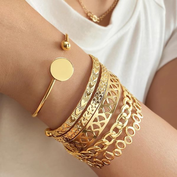 IFKM Gold Bangle Bracelets For Women, 14k Gold Plated Multi Layer Stackable Cuff Bracelet Set, Trendy Elegance Charms Non Tarnish Minimalist Textured Boho Jewelry Gift for Women - Image 2