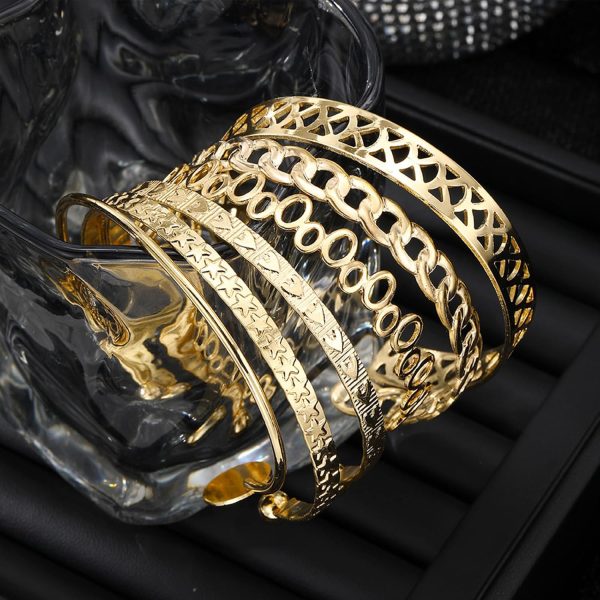 IFKM Gold Bangle Bracelets For Women, 14k Gold Plated Multi Layer Stackable Cuff Bracelet Set, Trendy Elegance Charms Non Tarnish Minimalist Textured Boho Jewelry Gift for Women - Image 3
