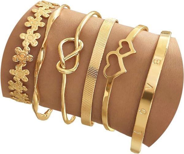 IFKM Gold Bangle Bracelets For Women, 14k Gold Plated Multi Layer Stackable Cuff Bracelet Set, Trendy Elegance Charms Non Tarnish Minimalist Textured Boho Jewelry Gift for Women - Image 14