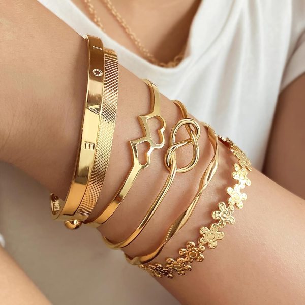 IFKM Gold Bangle Bracelets For Women, 14k Gold Plated Multi Layer Stackable Cuff Bracelet Set, Trendy Elegance Charms Non Tarnish Minimalist Textured Boho Jewelry Gift for Women - Image 15