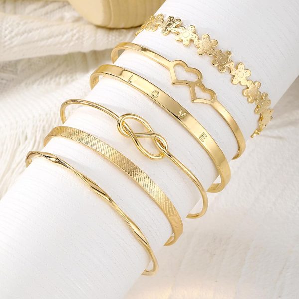 IFKM Gold Bangle Bracelets For Women, 14k Gold Plated Multi Layer Stackable Cuff Bracelet Set, Trendy Elegance Charms Non Tarnish Minimalist Textured Boho Jewelry Gift for Women - Image 19