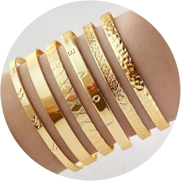IFKM Gold Bangle Bracelets For Women, 14k Gold Plated Multi Layer Stackable Cuff Bracelet Set, Trendy Elegance Charms Non Tarnish Minimalist Textured Boho Jewelry Gift for Women - Image 22