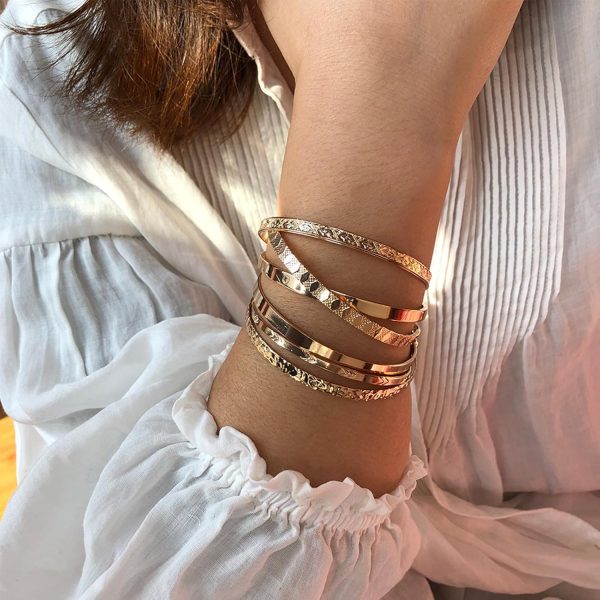 IFKM Gold Bangle Bracelets For Women, 14k Gold Plated Multi Layer Stackable Cuff Bracelet Set, Trendy Elegance Charms Non Tarnish Minimalist Textured Boho Jewelry Gift for Women - Image 23