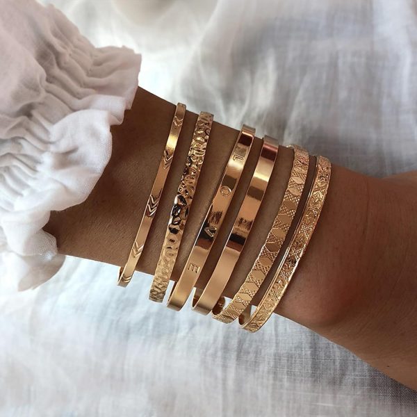 IFKM Gold Bangle Bracelets For Women, 14k Gold Plated Multi Layer Stackable Cuff Bracelet Set, Trendy Elegance Charms Non Tarnish Minimalist Textured Boho Jewelry Gift for Women - Image 24