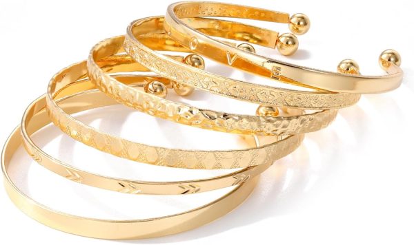 IFKM Gold Bangle Bracelets For Women, 14k Gold Plated Multi Layer Stackable Cuff Bracelet Set, Trendy Elegance Charms Non Tarnish Minimalist Textured Boho Jewelry Gift for Women - Image 30