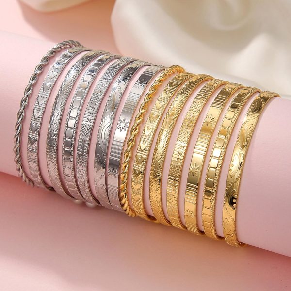IFKM Gold Bangle Bracelets For Women, 14k Gold Plated Multi Layer Stackable Cuff Bracelet Set, Trendy Elegance Charms Non Tarnish Minimalist Textured Boho Jewelry Gift for Women - Image 51
