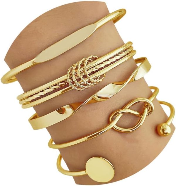 IFKM Gold Bangle Bracelets For Women, 14k Gold Plated Multi Layer Stackable Cuff Bracelet Set, Trendy Elegance Charms Non Tarnish Minimalist Textured Boho Jewelry Gift for Women - Image 52