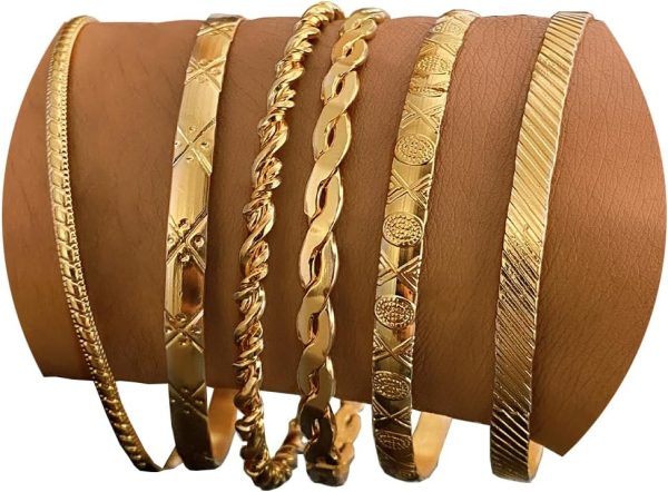 IFKM Gold Bangle Bracelets For Women, 14k Gold Plated Multi Layer Stackable Cuff Bracelet Set, Trendy Elegance Charms Non Tarnish Minimalist Textured Boho Jewelry Gift for Women - Image 59