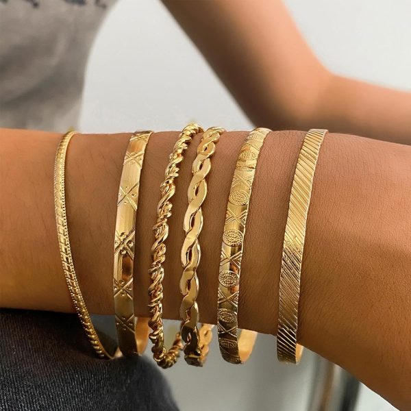 IFKM Gold Bangle Bracelets For Women, 14k Gold Plated Multi Layer Stackable Cuff Bracelet Set, Trendy Elegance Charms Non Tarnish Minimalist Textured Boho Jewelry Gift for Women - Image 60