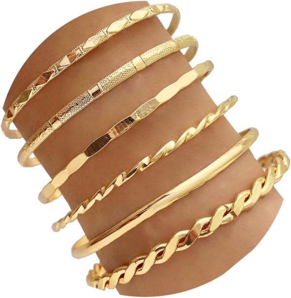 IFKM Gold Bangle Bracelets For Women, 14k Gold Plated Multi Layer Stackable Cuff Bracelet Set, Trendy Elegance Charms Non Tarnish Minimalist Textured Boho Jewelry Gift for Women - Image 66