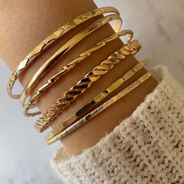 IFKM Gold Bangle Bracelets For Women, 14k Gold Plated Multi Layer Stackable Cuff Bracelet Set, Trendy Elegance Charms Non Tarnish Minimalist Textured Boho Jewelry Gift for Women - Image 67