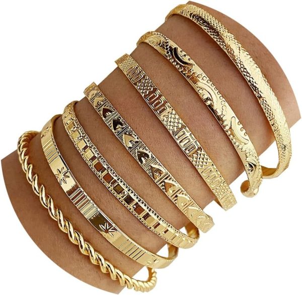 IFKM Gold Bangle Bracelets For Women, 14k Gold Plated Multi Layer Stackable Cuff Bracelet Set, Trendy Elegance Charms Non Tarnish Minimalist Textured Boho Jewelry Gift for Women - Image 74