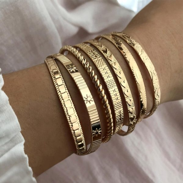 IFKM Gold Bangle Bracelets For Women, 14k Gold Plated Multi Layer Stackable Cuff Bracelet Set, Trendy Elegance Charms Non Tarnish Minimalist Textured Boho Jewelry Gift for Women - Image 75