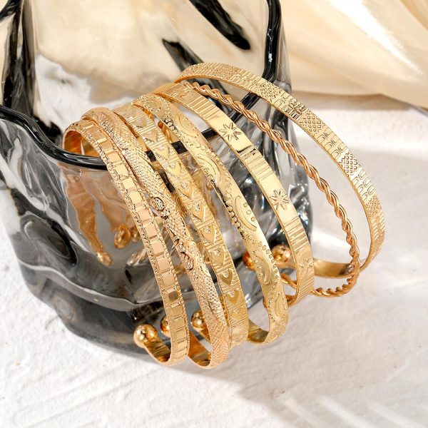 IFKM Gold Bangle Bracelets For Women, 14k Gold Plated Multi Layer Stackable Cuff Bracelet Set, Trendy Elegance Charms Non Tarnish Minimalist Textured Boho Jewelry Gift for Women - Image 77